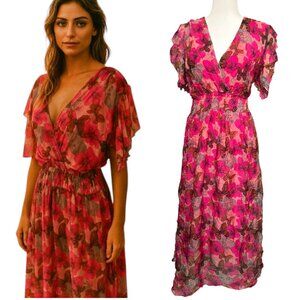 LeRagazze Italy Silk Blend Maxi Dress M Pink Floral Butterfly Boho Resort Luxe